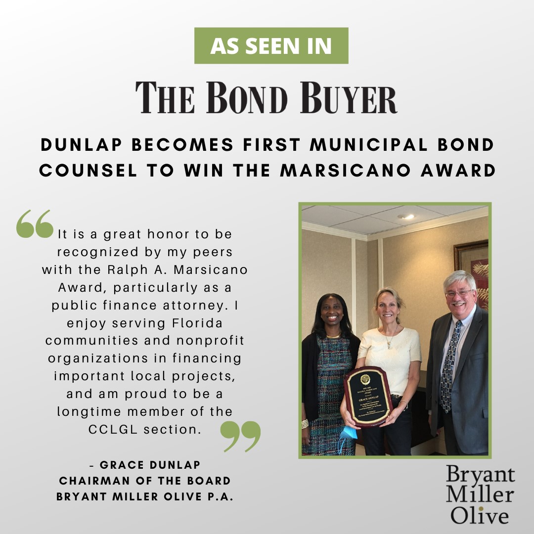 Grace Dunlap becomes first municipal bond counsel to win the Marsicano  award | Home - Bryant, Miller, Olive